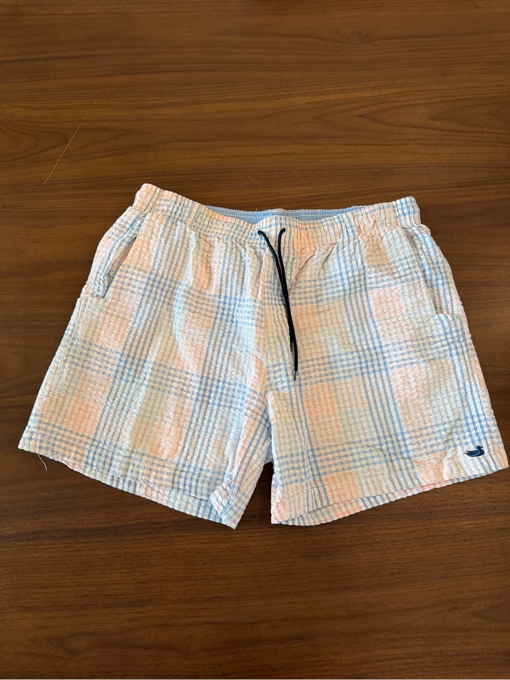 Southern Marsh Seersucker Swim Trunks Pink Blue Plaid Mens Medium